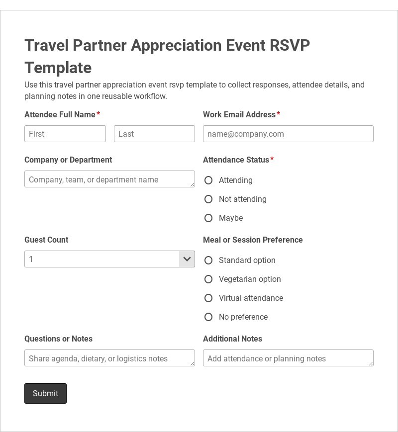 Travel Partner Appreciation Event RSVP Template form template