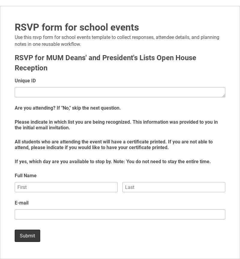 RSVP form for school events
