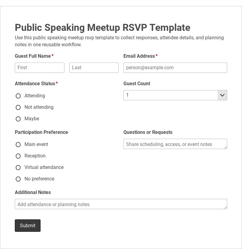 Public Speaking Meetup RSVP Template form template