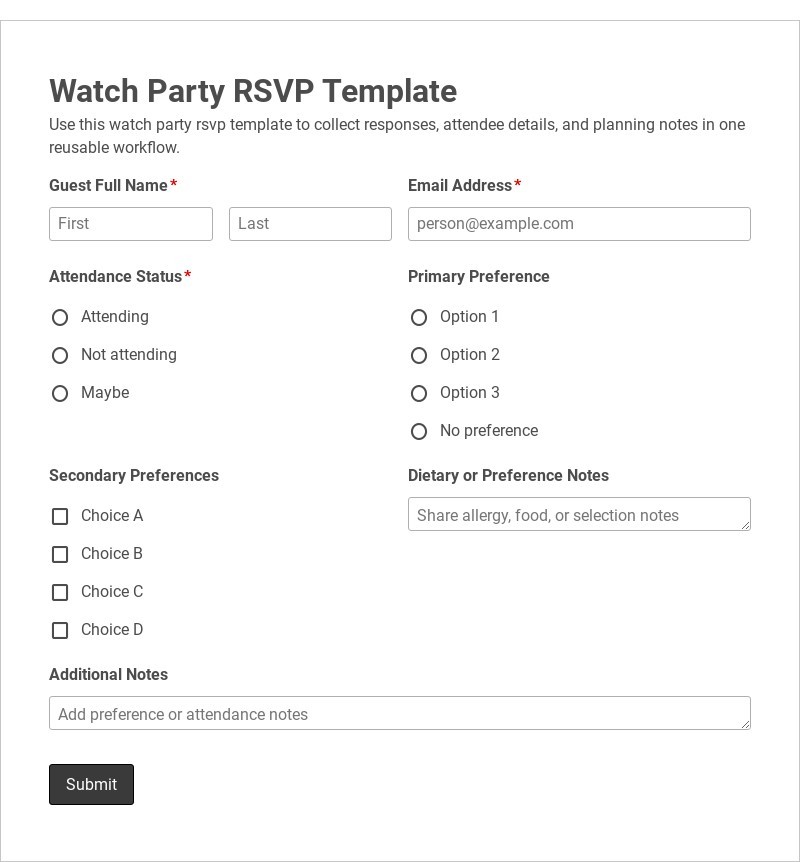 Watch Party RSVP Template form template