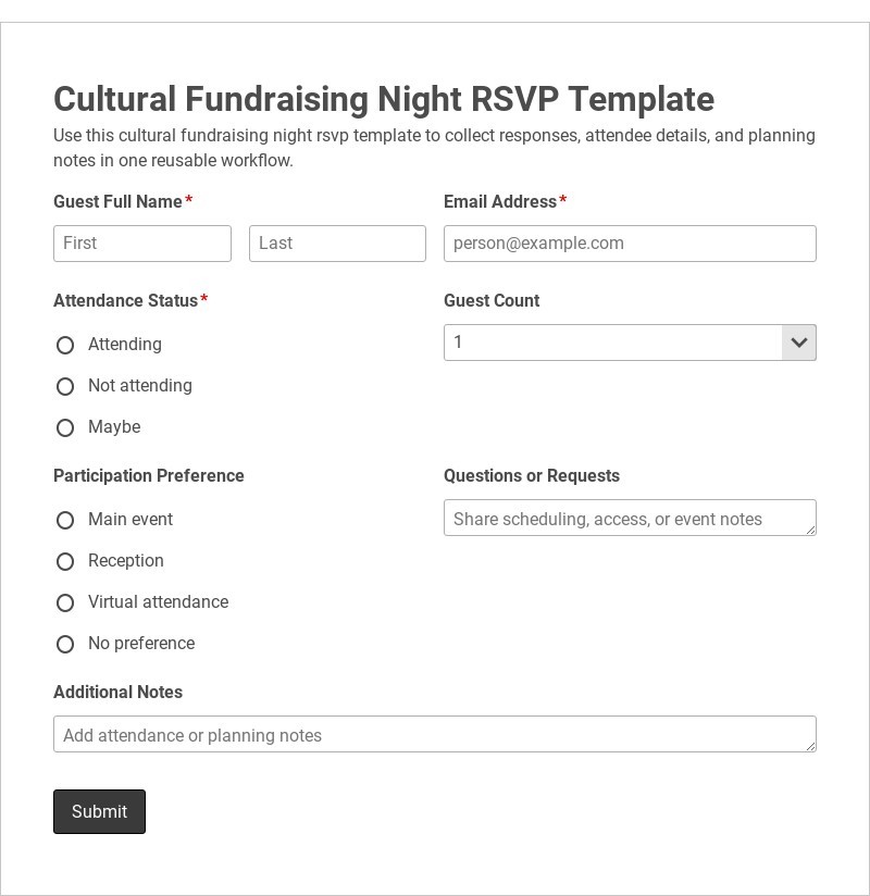 Cultural Fundraising Night RSVP Template form template