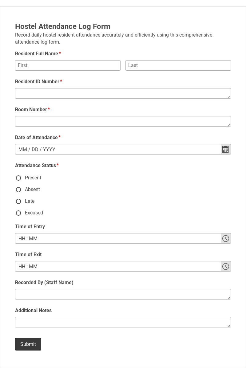 Hostel Attendance Log Form Template