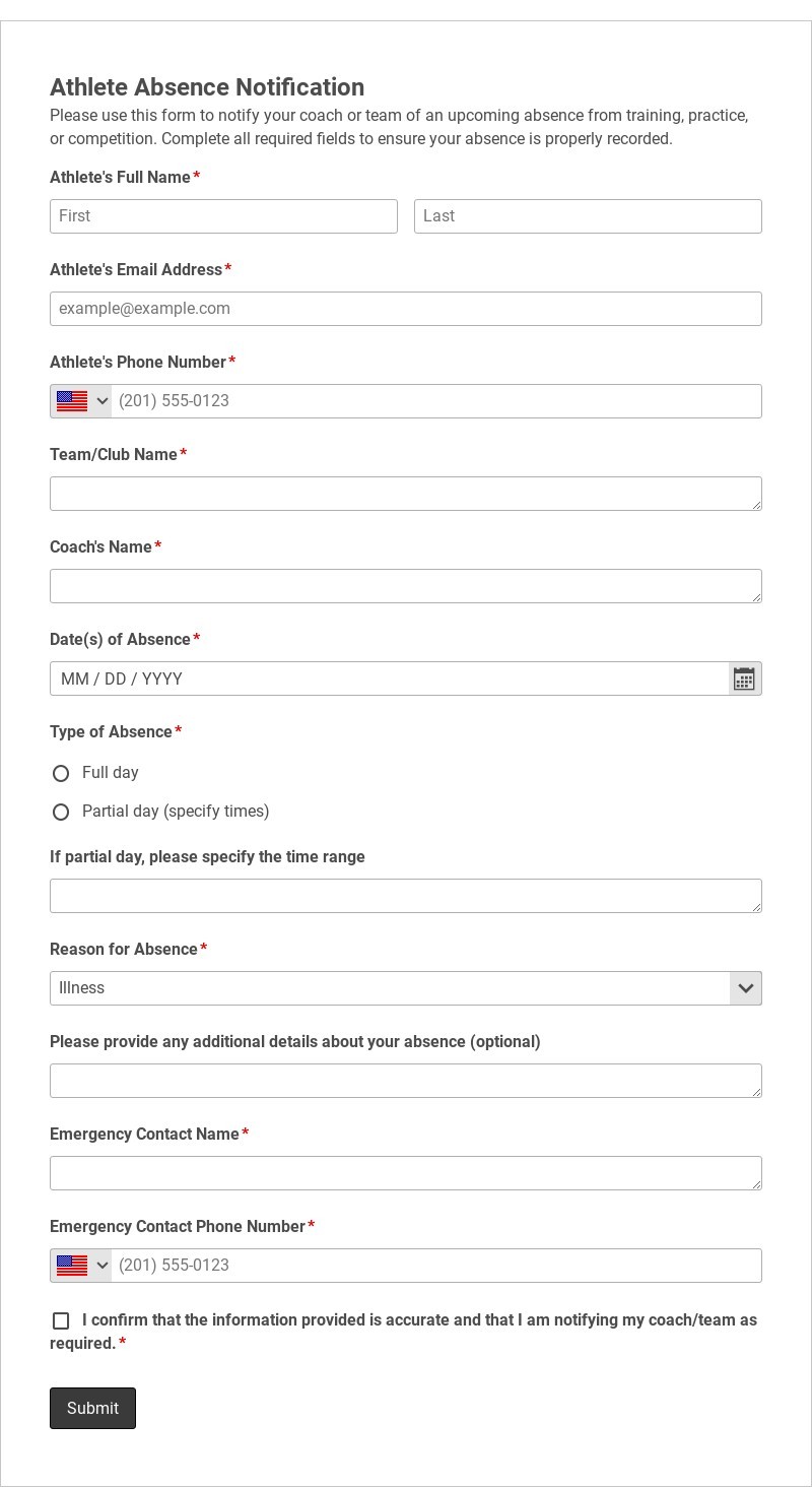 Athlete Absence Notification Template form template