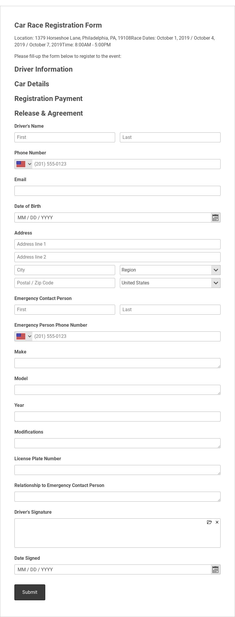 Car Race Registration Form Template