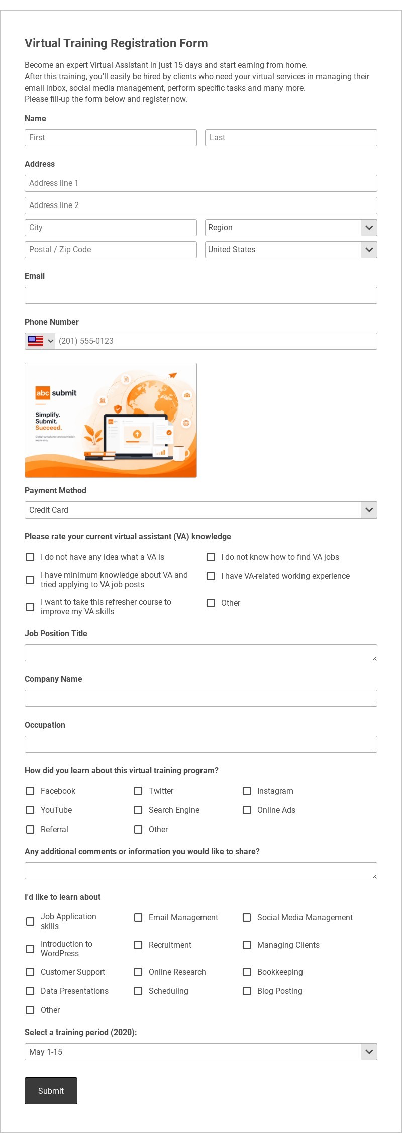 Virtual Training Registration Form Template form template