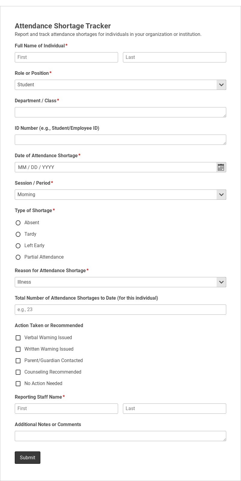 Attendance Shortage Tracker Template form template