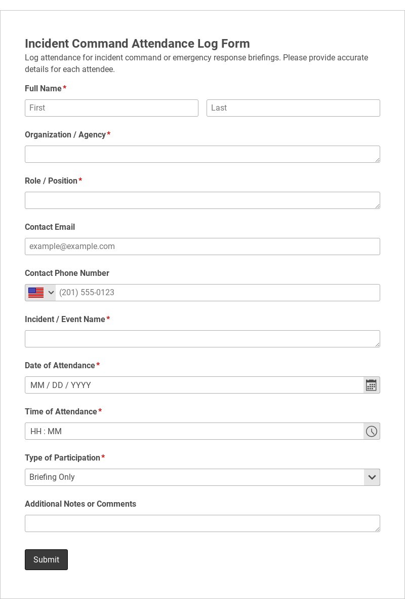 Incident Command Attendance Log Form Template