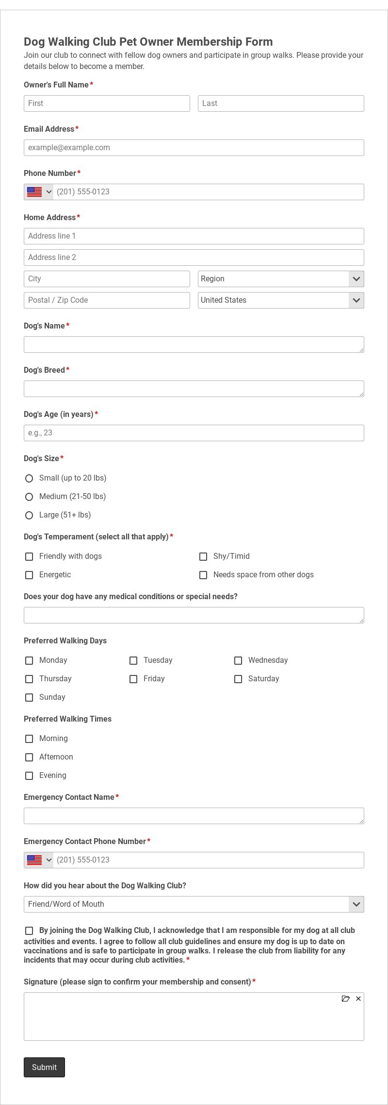 Dog Walking Club Pet Owner Membership Form Template form template