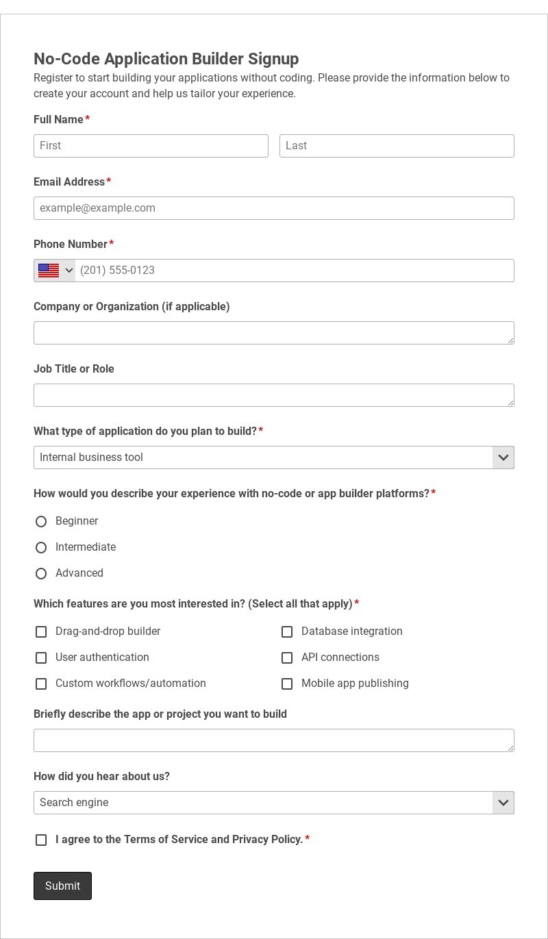 No-Code Application Builder Signup Template form template