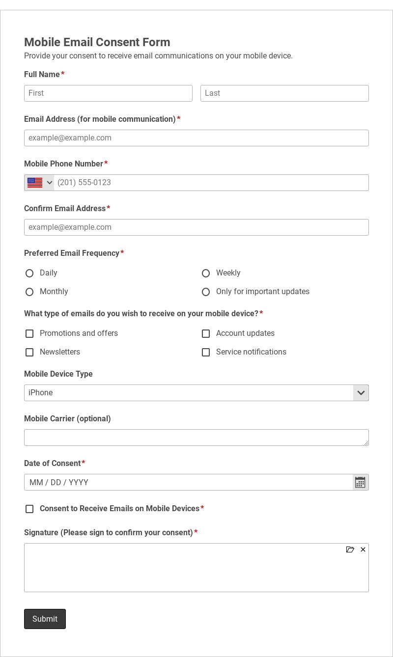 Mobile Email Consent Form Template form template