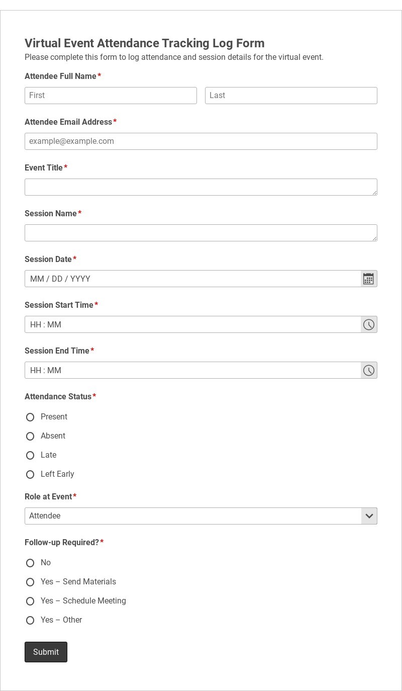 Virtual Event Attendance Tracking Log Form Template form template
