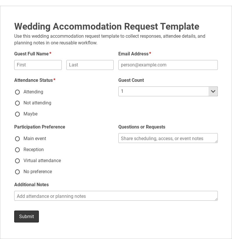 Wedding Accommodation Request Template form template