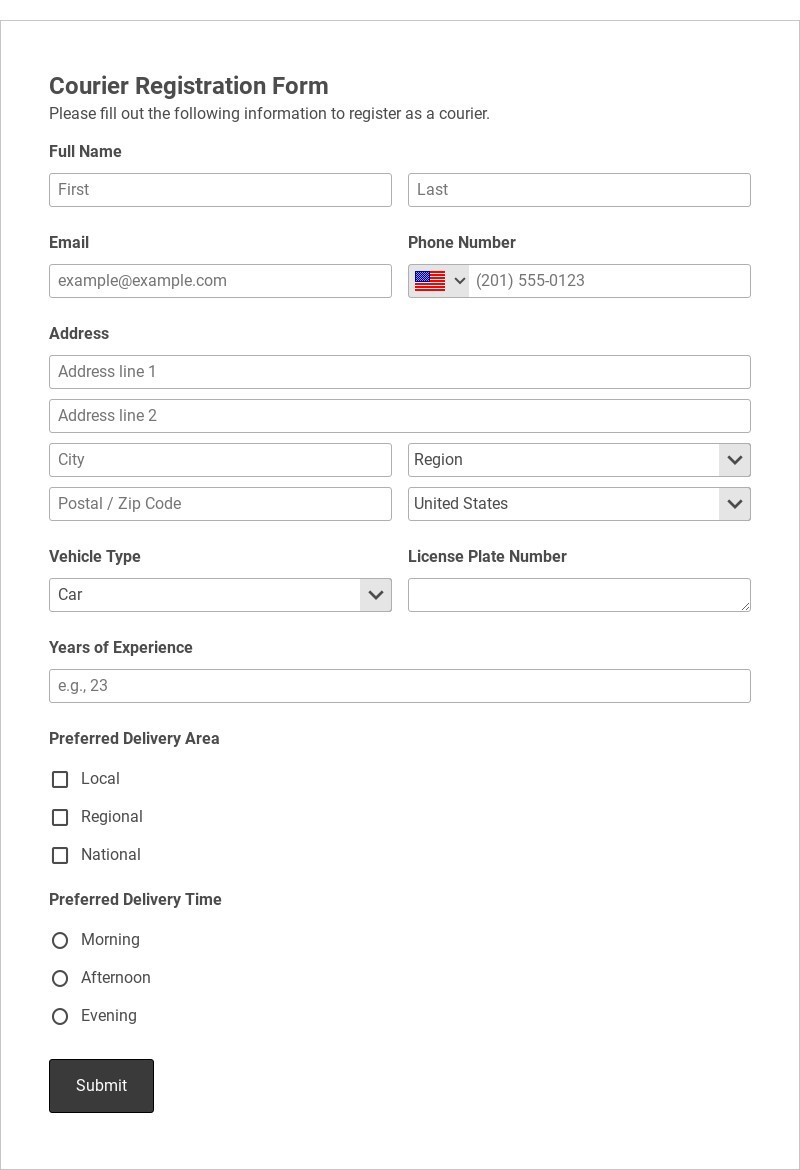 Courier Registration Form Template form template