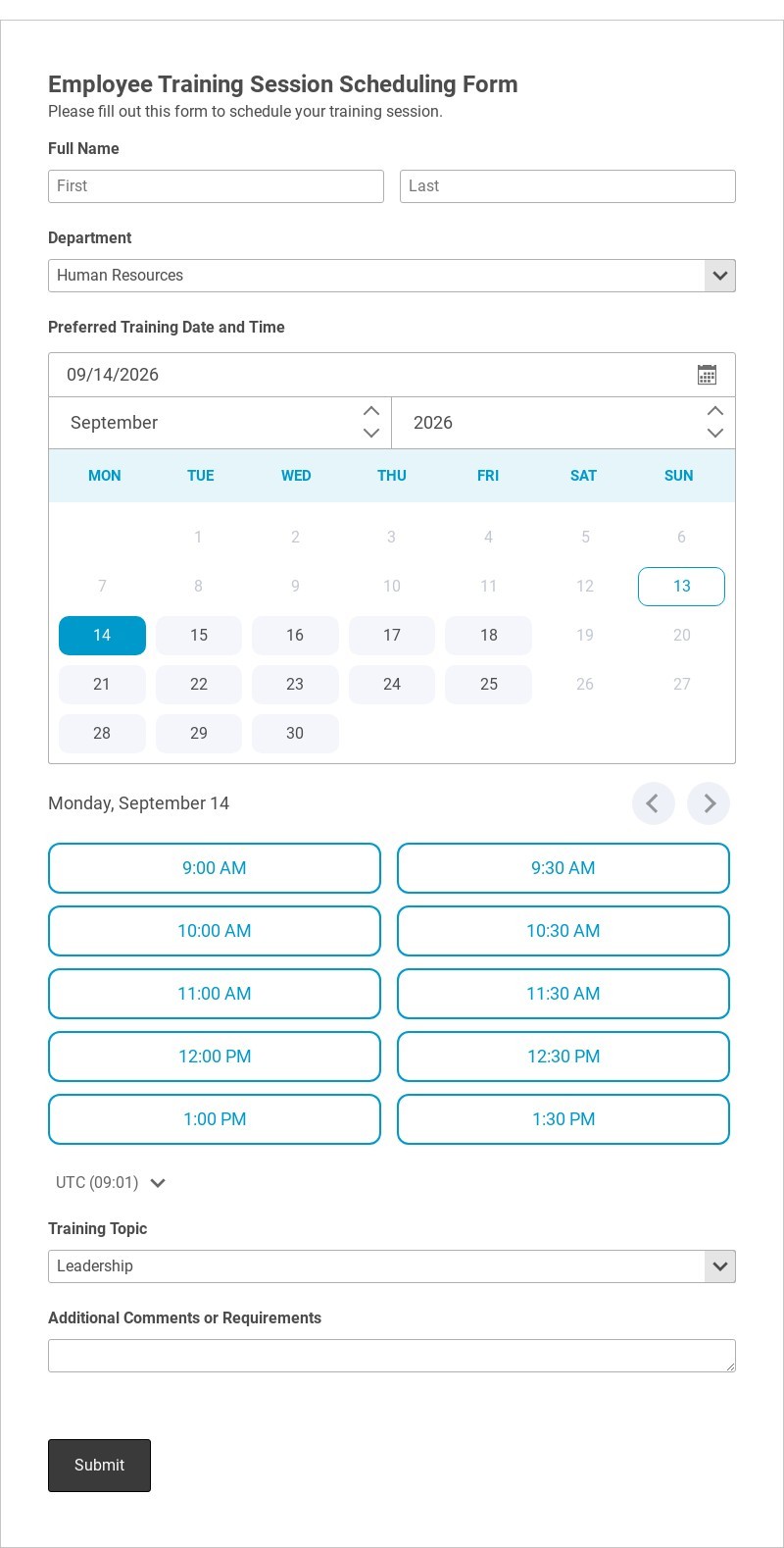 Employee Training Session Scheduling Form Template form template