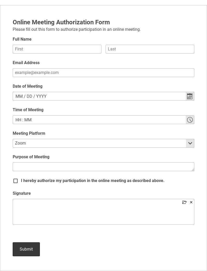 Online Meeting Authorization Form Template form template