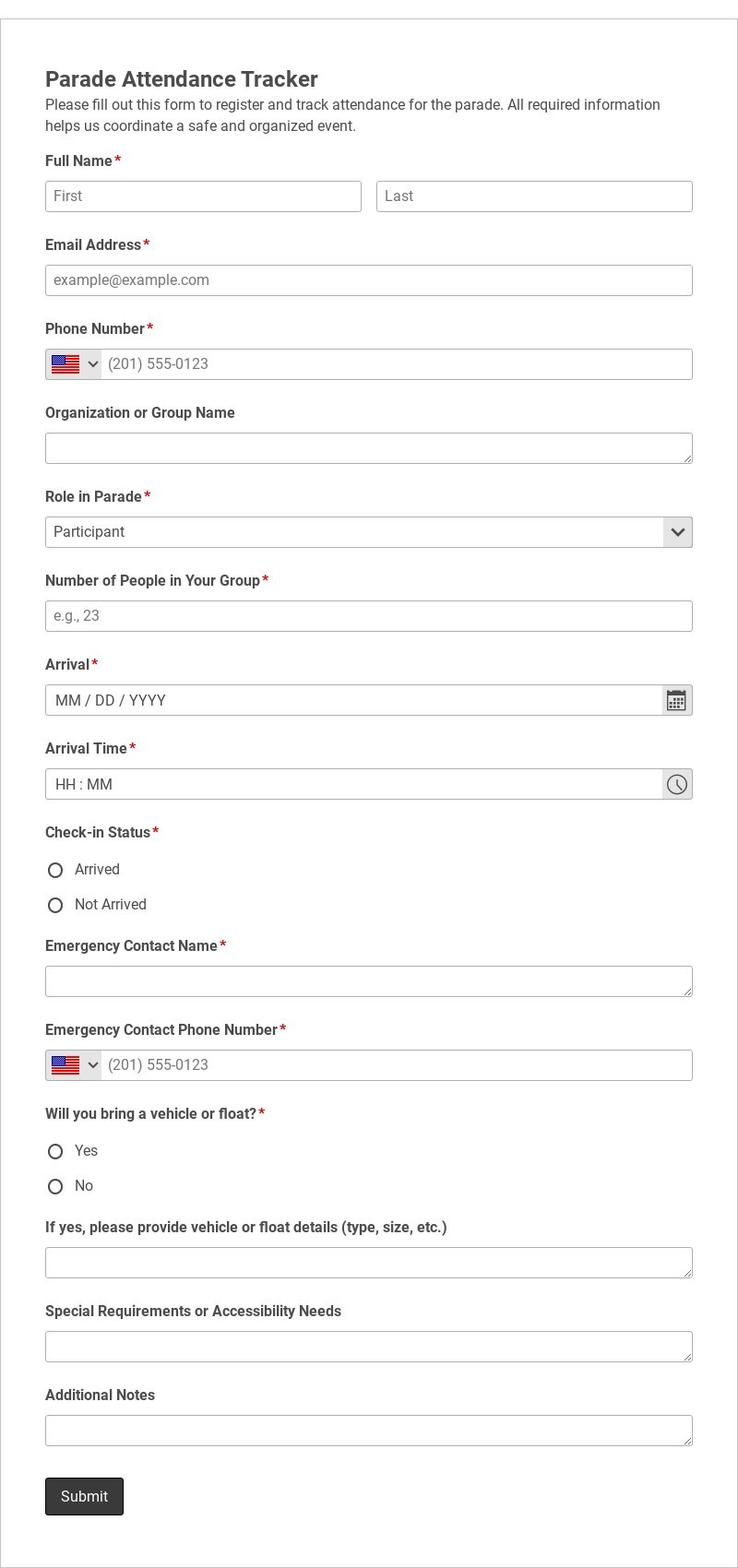 Parade Attendance Tracker Template form template