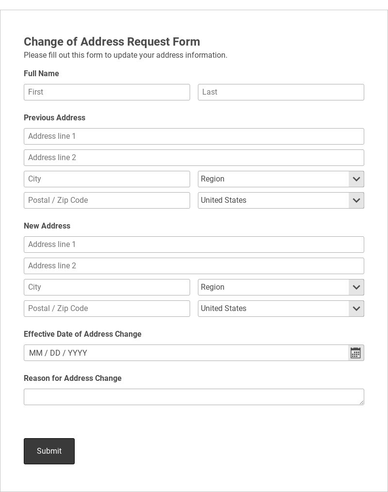 Change of Address Request Form Template form template