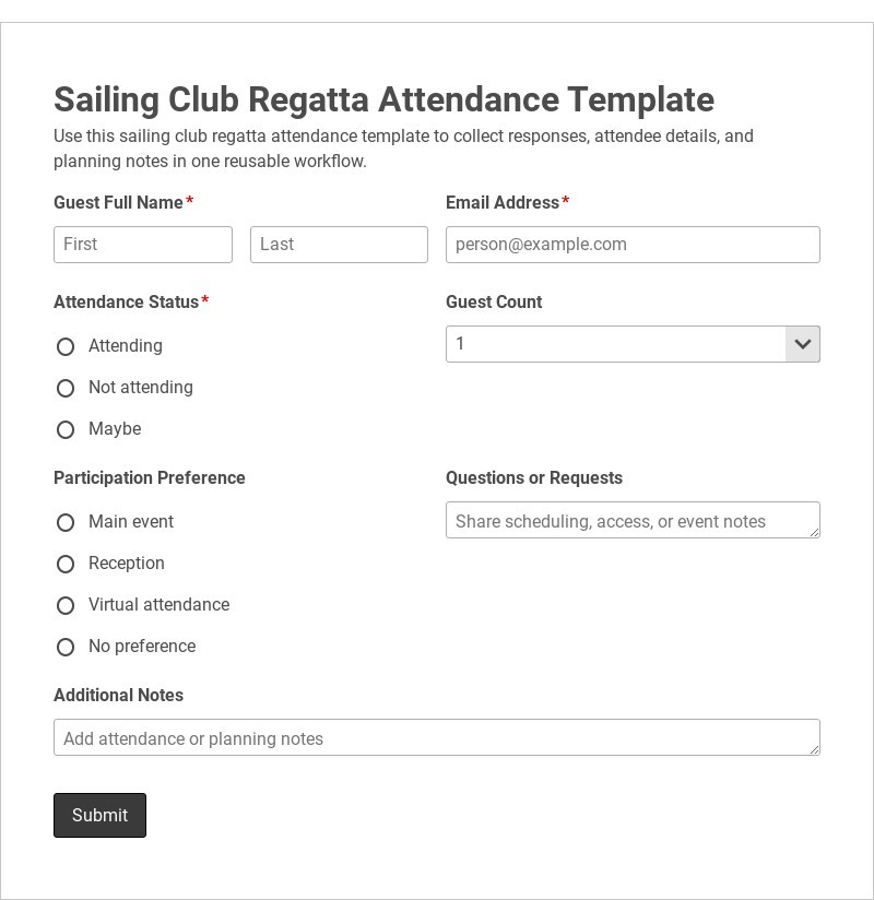 Sailing Club Regatta Attendance Template form template