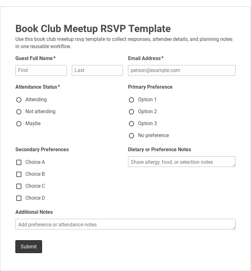 Book Club Meetup RSVP Template form template