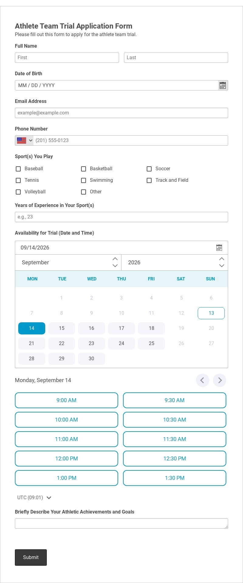 Athlete Team Trial Application Form Template form template