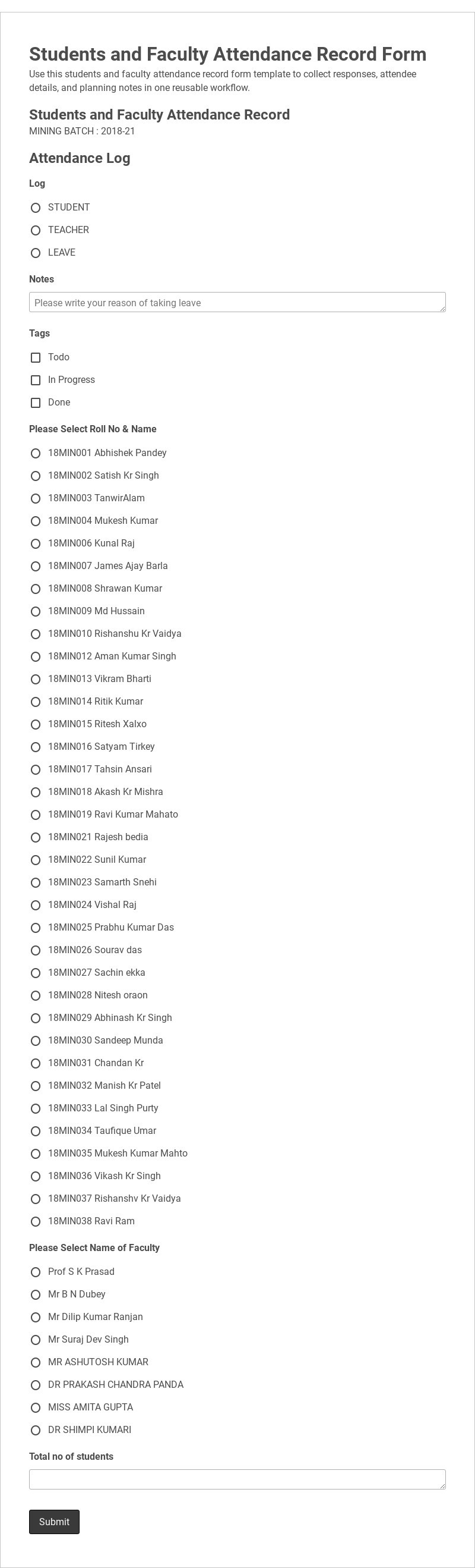 Students and Faculty Attendance Record Form form template