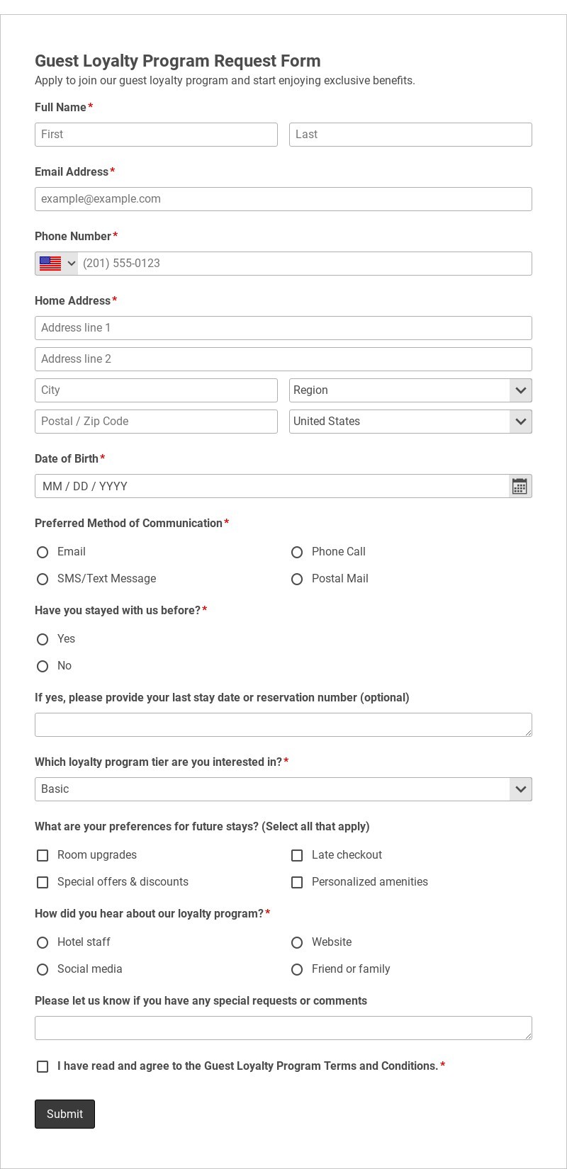 Guest Loyalty Program Request Form Template form template