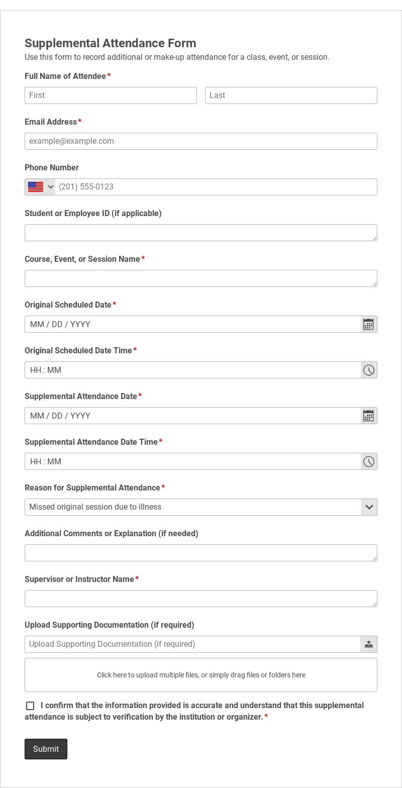 Supplemental Attendance Form Template form template