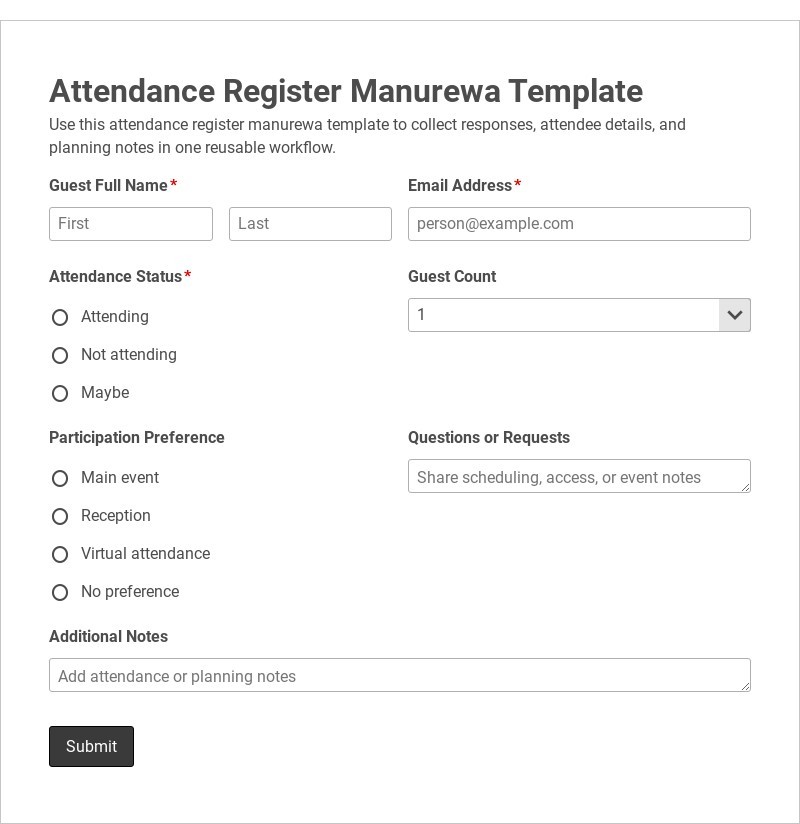 Attendance Register Manurewa Template form template