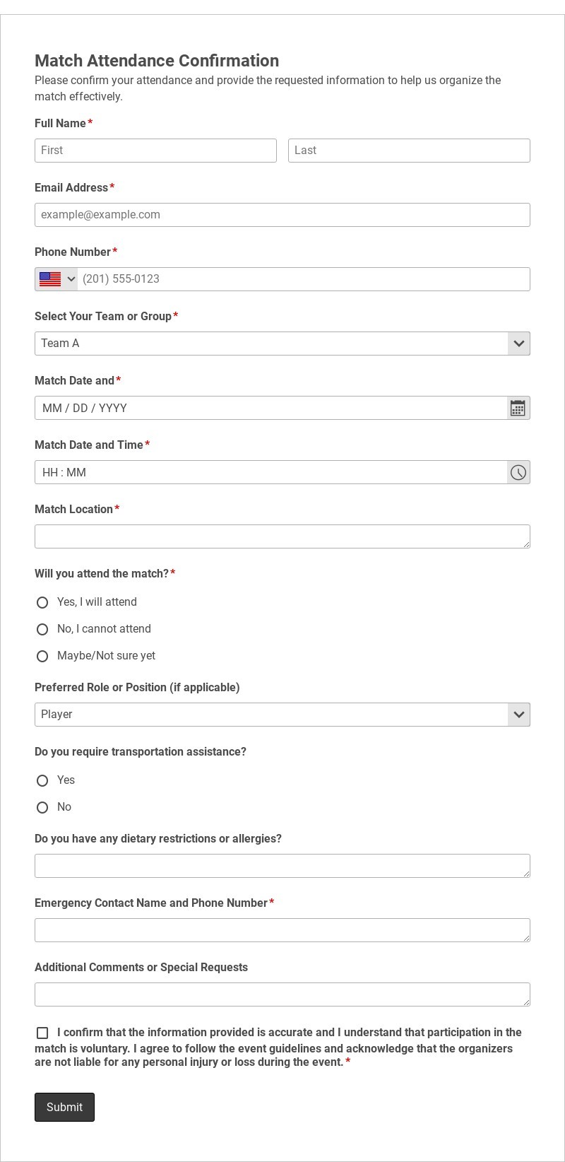 Match Attendance Confirmation Template form template