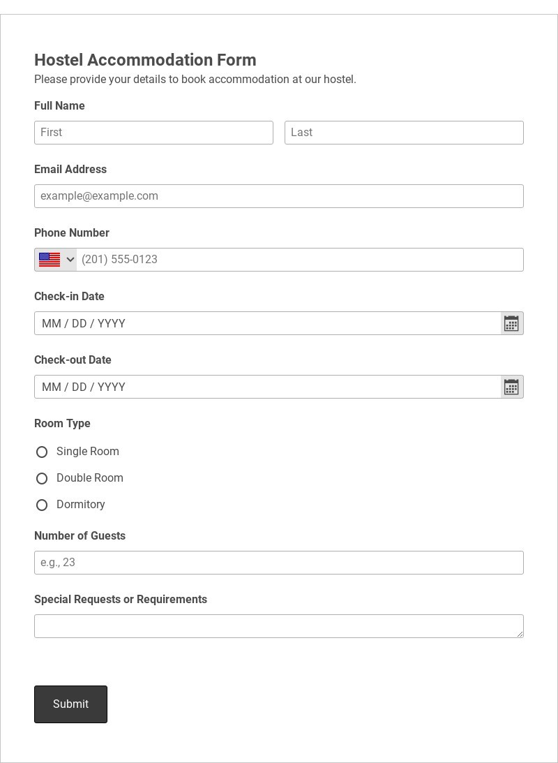 Hostel Accommodation Form Template form template
