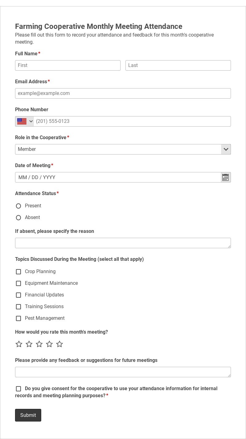 Farming Cooperative Monthly Meeting Attendance Template form template
