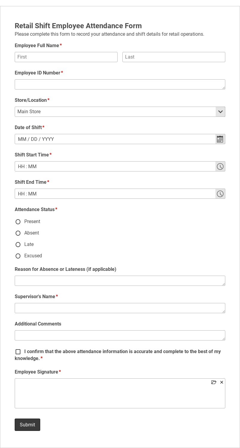Retail Shift Employee Attendance Form