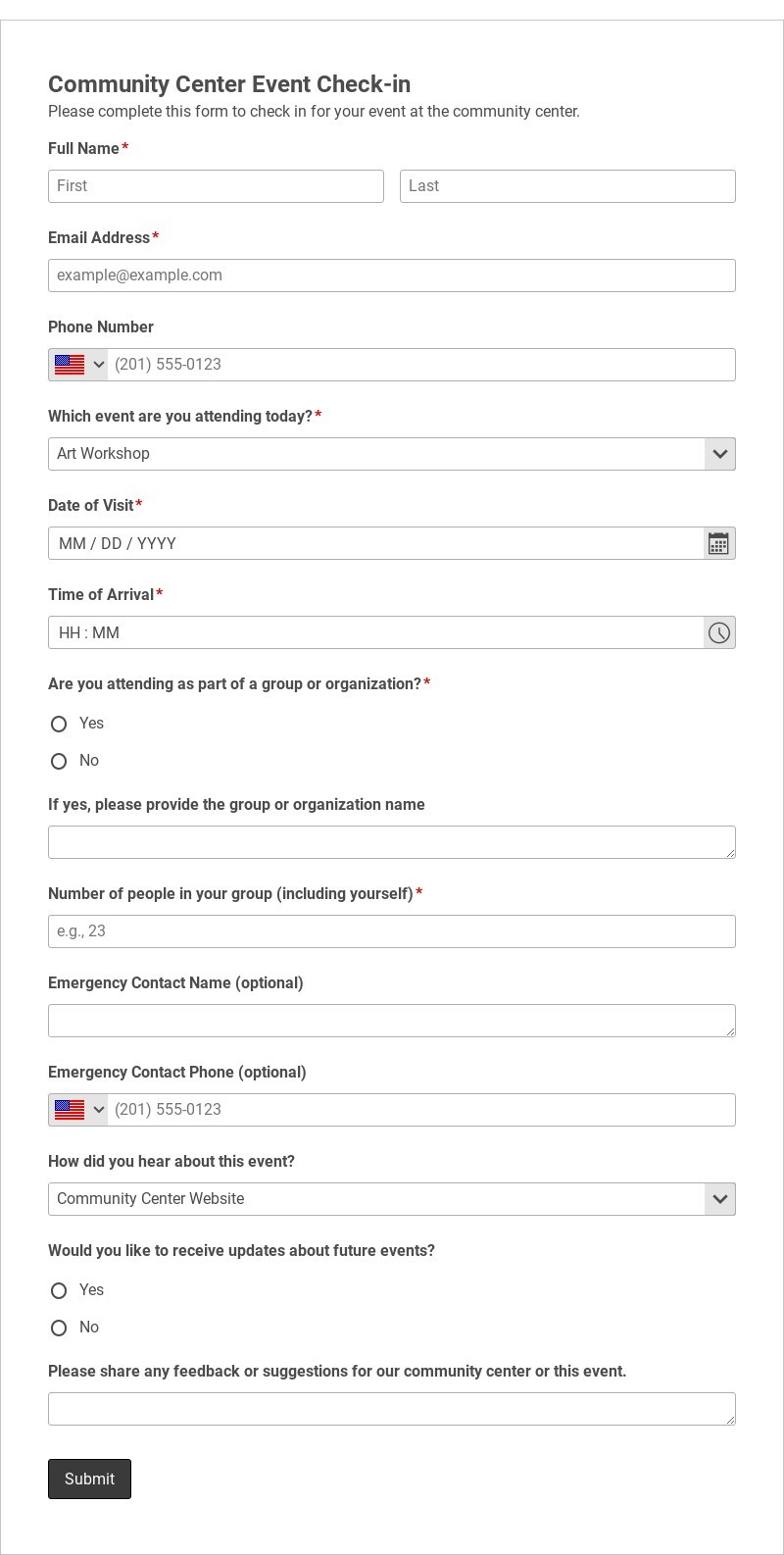 Community Center Event Check-in Form Template form template