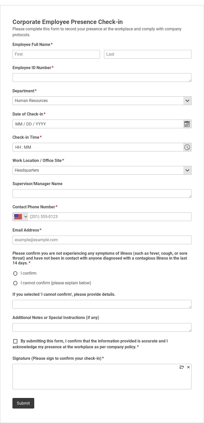 Corporate Employee Presence Check-in Template form template