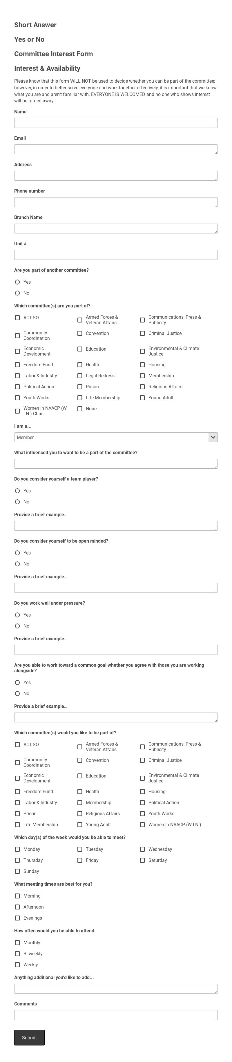 Communications, Press & Publicity Interest Form Template form template