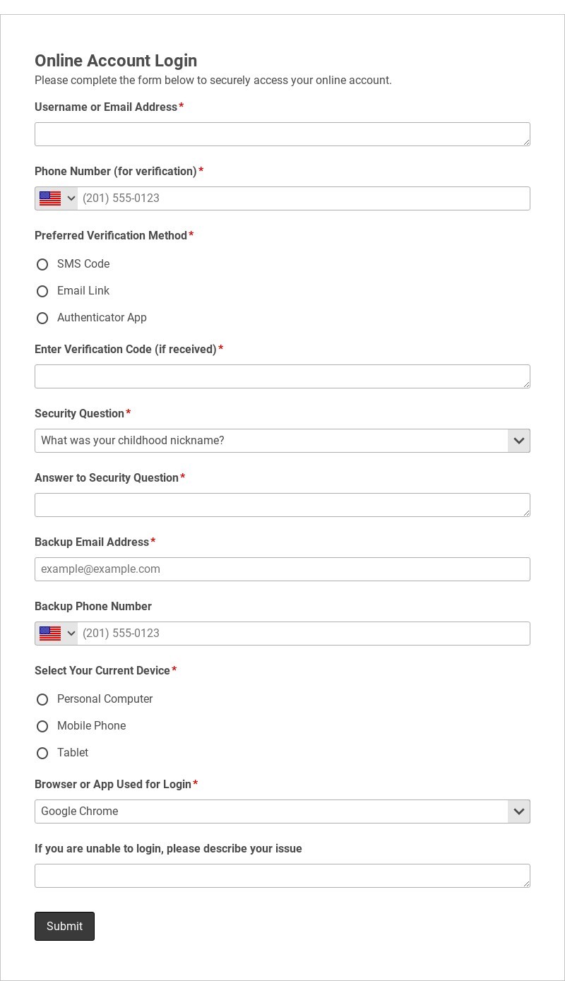 Online Account Login Form Template form template