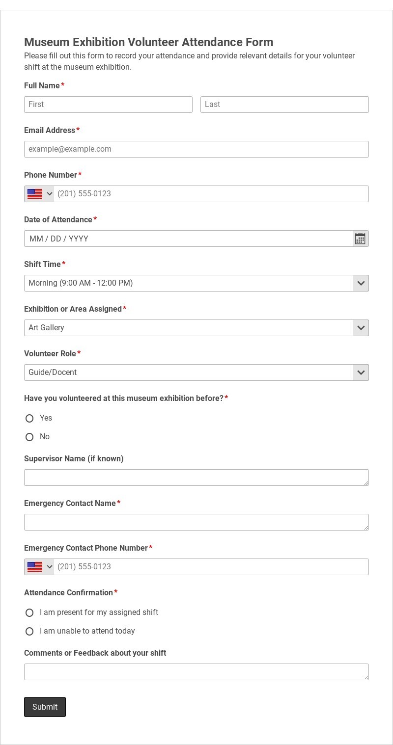 Museum Exhibition Volunteer Attendance Form Template form template