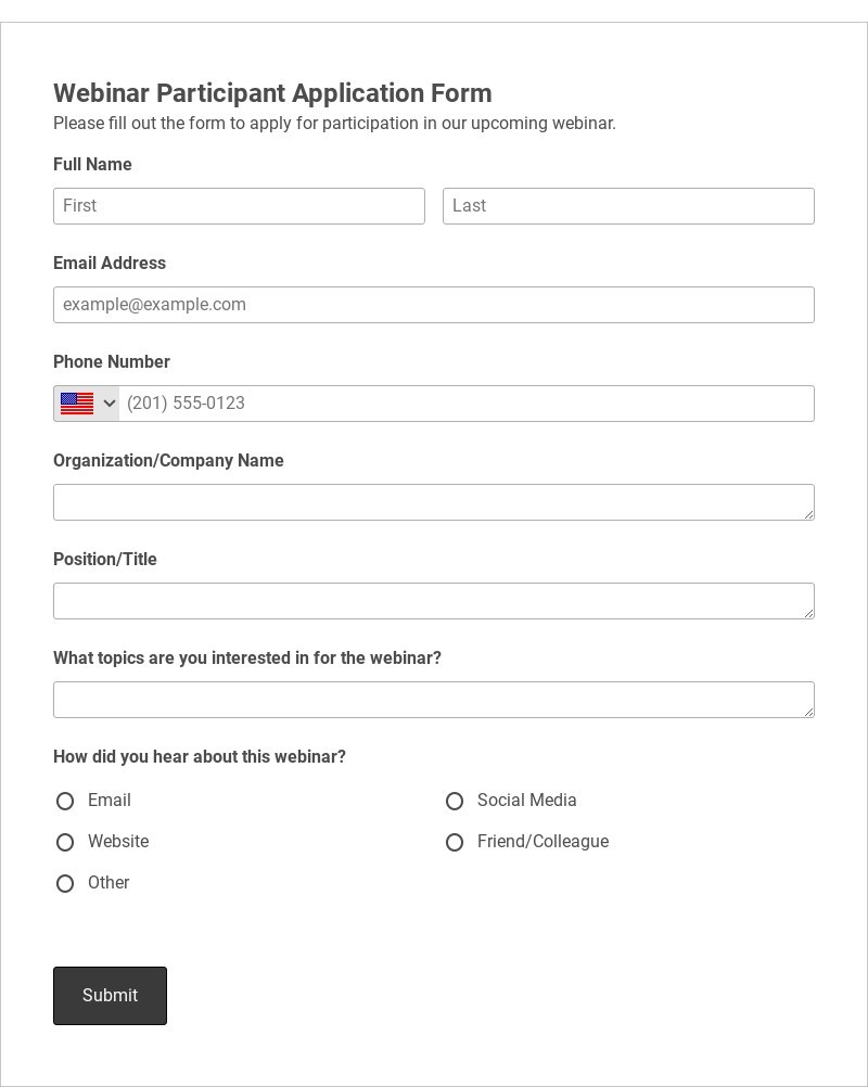 Webinar Participant Application Form Template form template