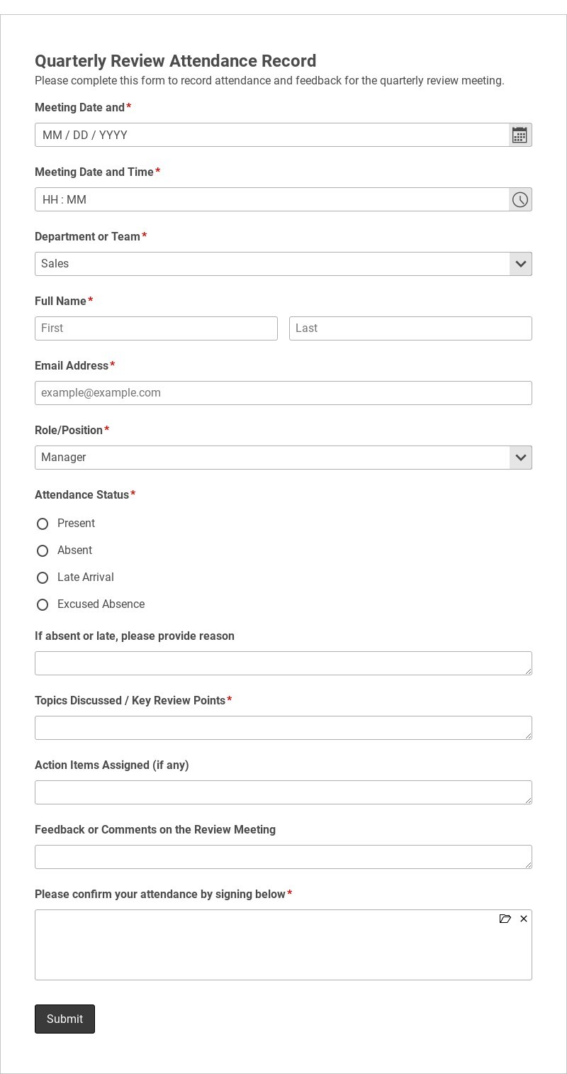 Quarterly Review Attendance Record Template form template
