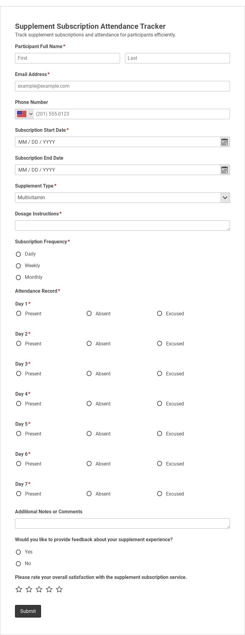 Supplement Subscription Attendance Tracker Template form template