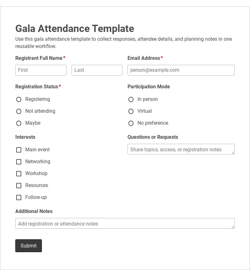 Gala Attendance Template form template