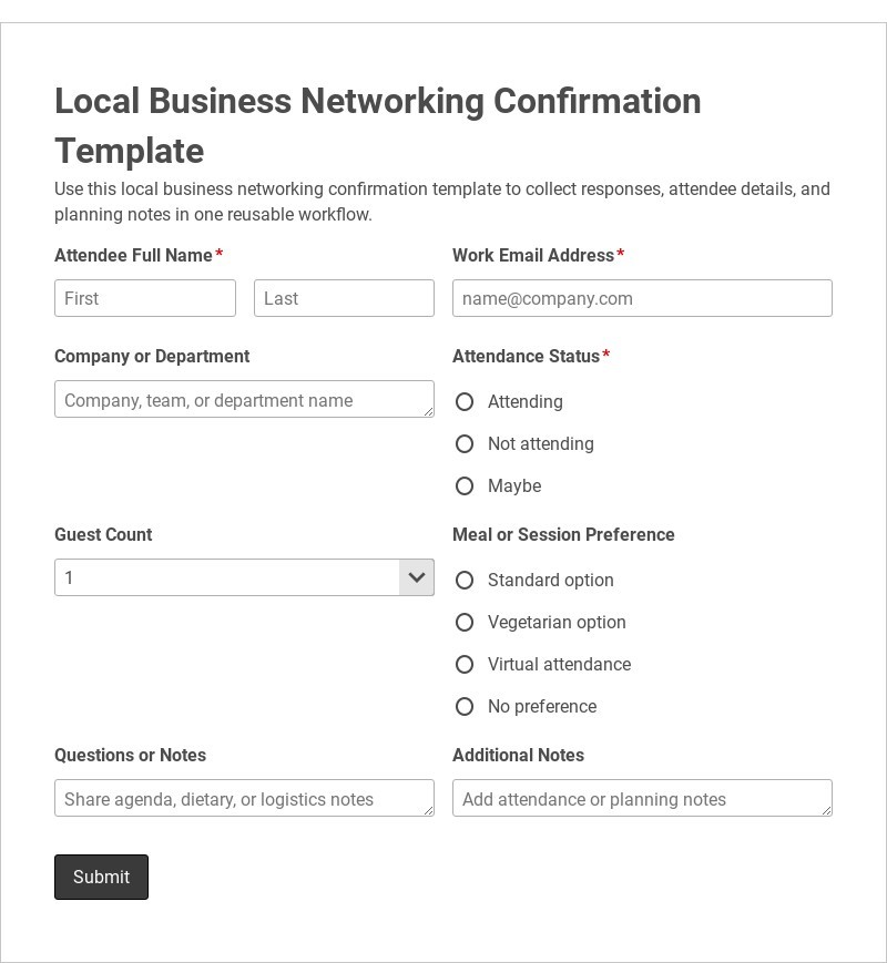Local Business Networking Confirmation Template form template