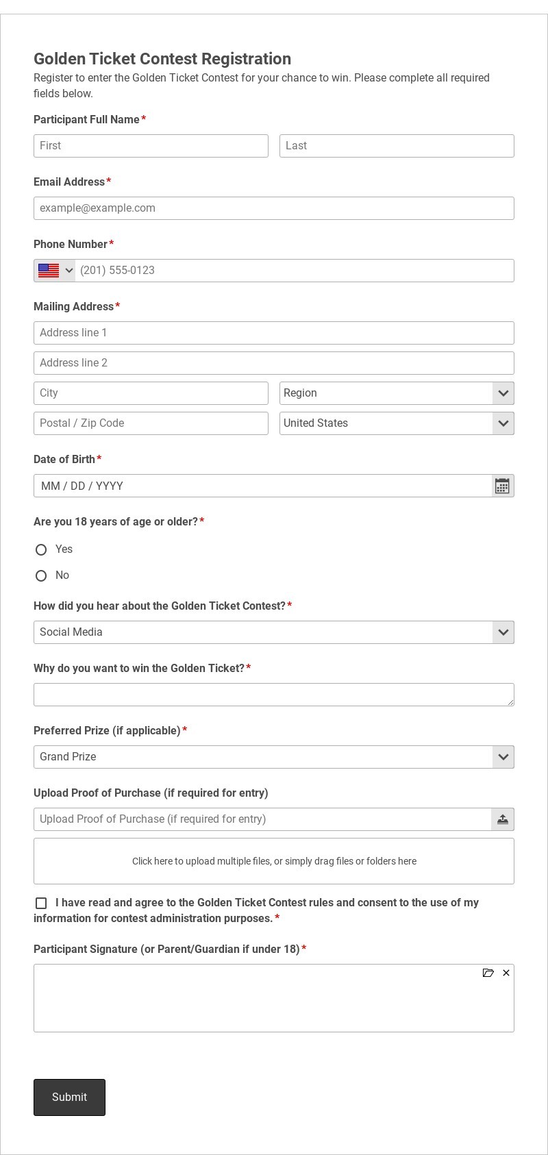 Golden Ticket Contest Registration Template form template