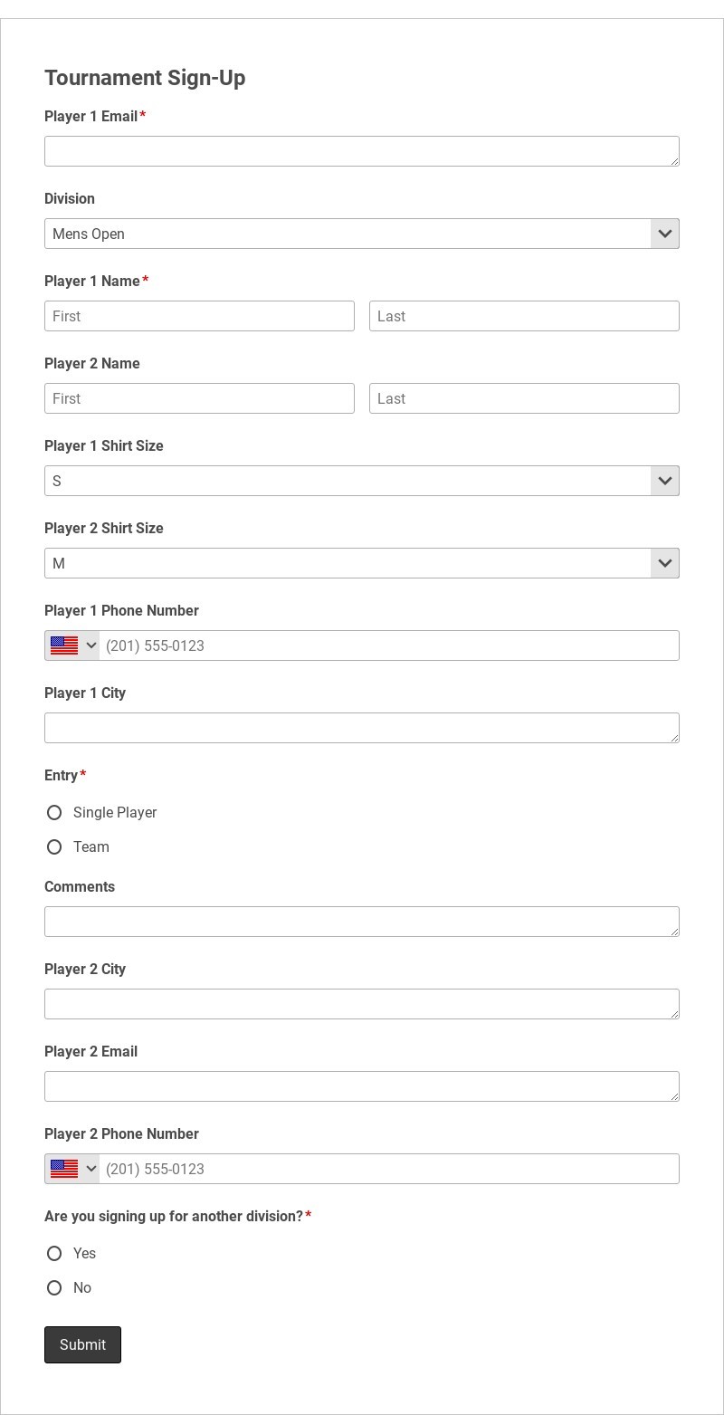 Tournament Sign-Up Form Template form template