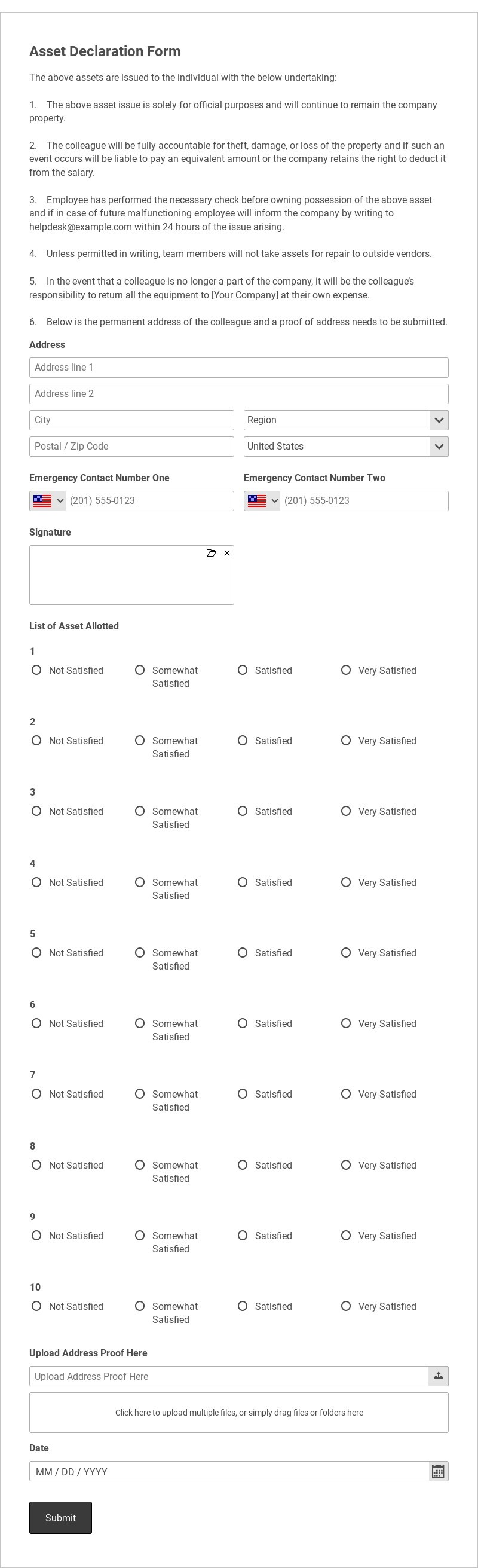 Asset Declaration Form Template