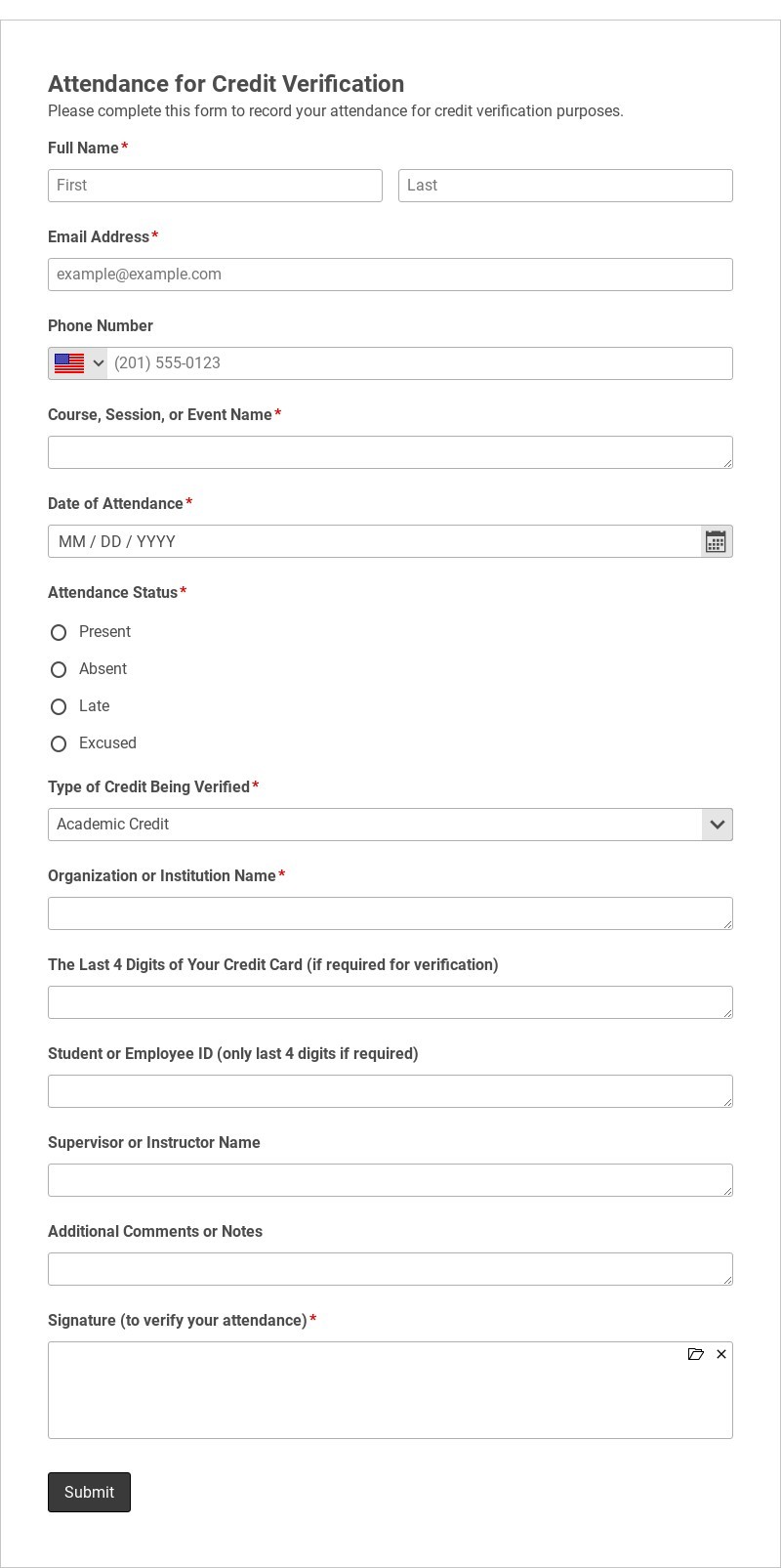 Attendance for Credit Verification Form Template form template