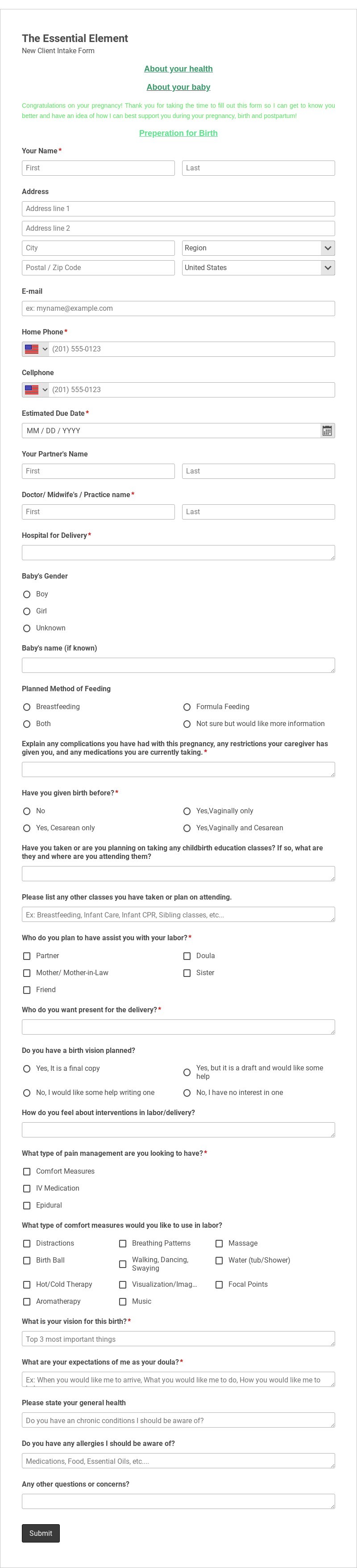 Doula Intake Form Template