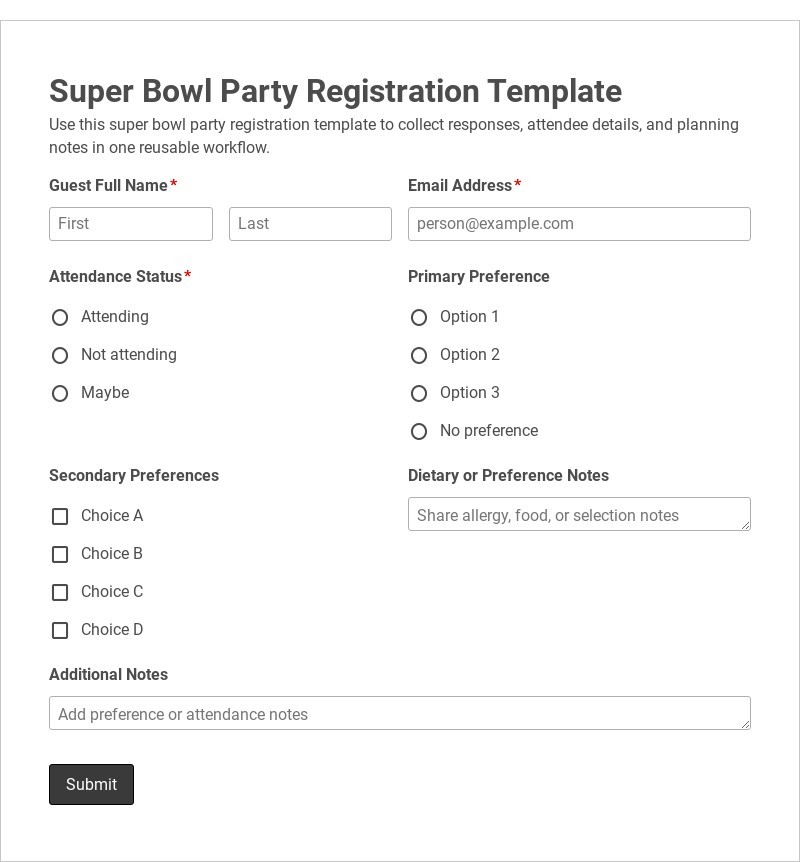 Super Bowl Party Registration Template