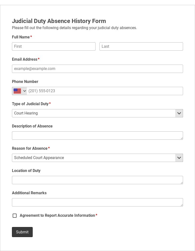 Judicial Duty Absence History Form Template form template