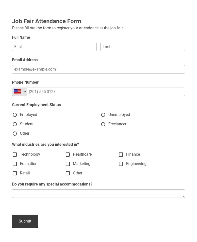 Job Fair Attendance Form Template form template